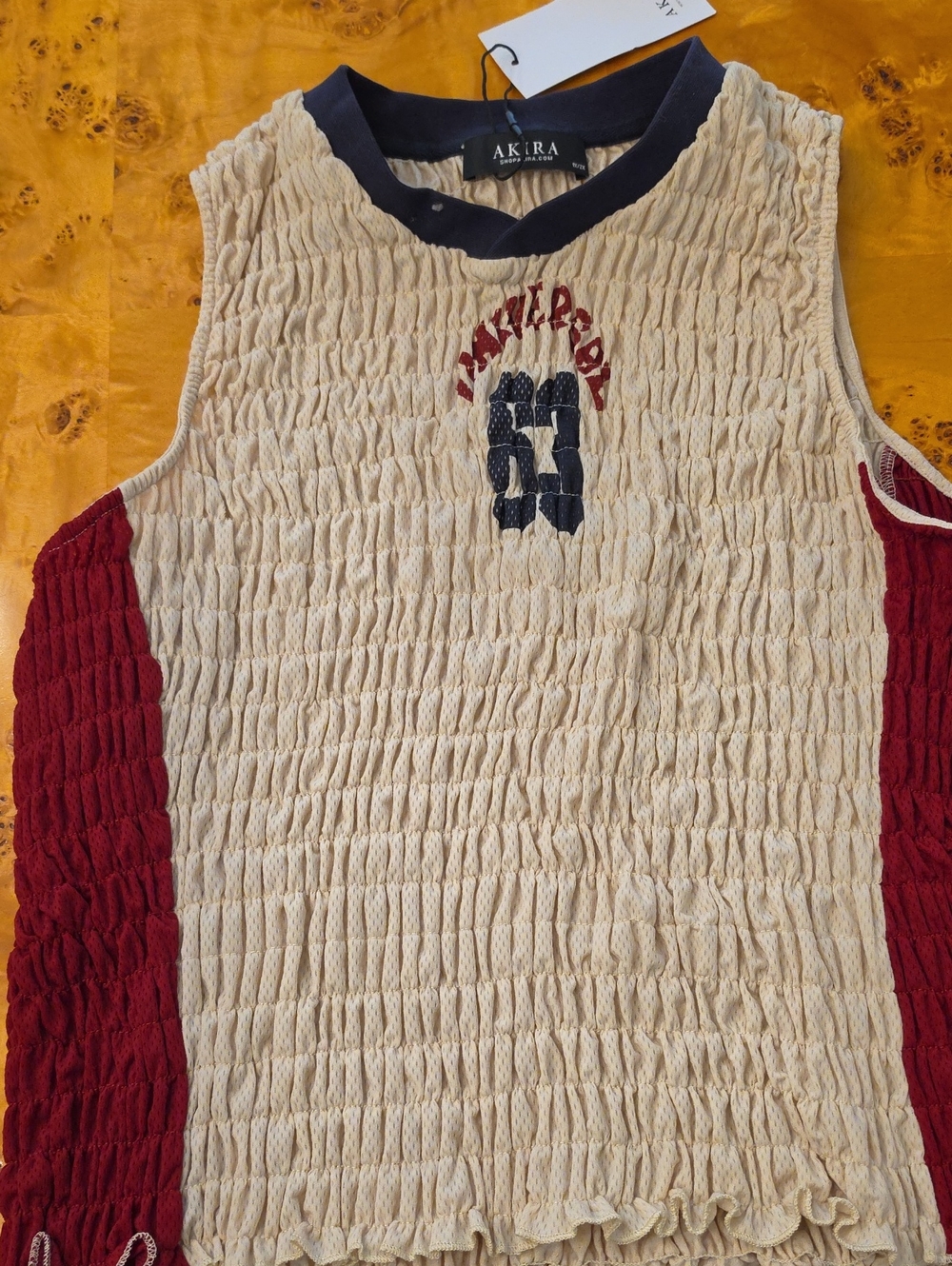 AKIRA Cream Smocked Tank with Red Side Panels and Navy Trim